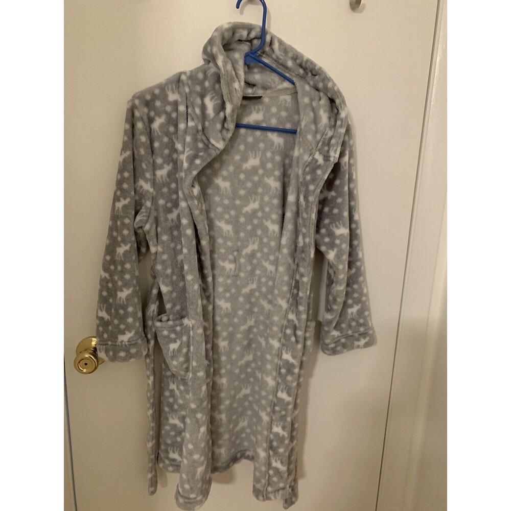 Eddie Bauer Hooded Robe 10-12 Gray/white Soft Dear Print Cozy Soft Warm SuggleUp